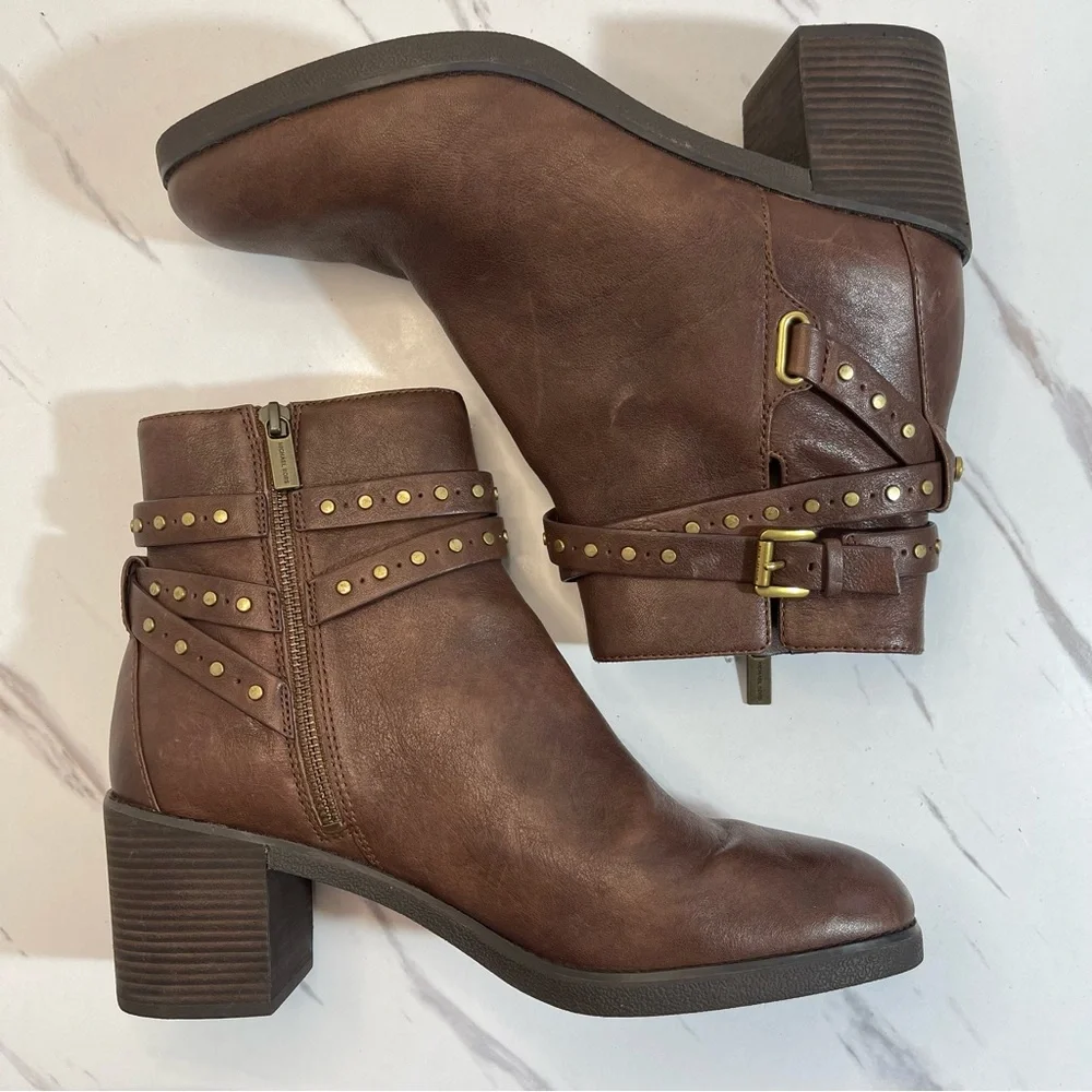 Michael Kors Brown Leather Ankle Boots with Gold Studs Buckle details 11 Western